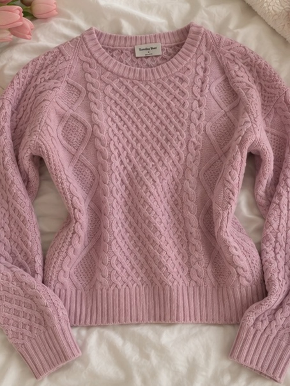 Sunday Best Lilac Pink Cable-Knit Crew Sweater